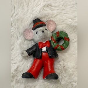 Vintage miniature Christmas mouse elf withh a wreath figurine